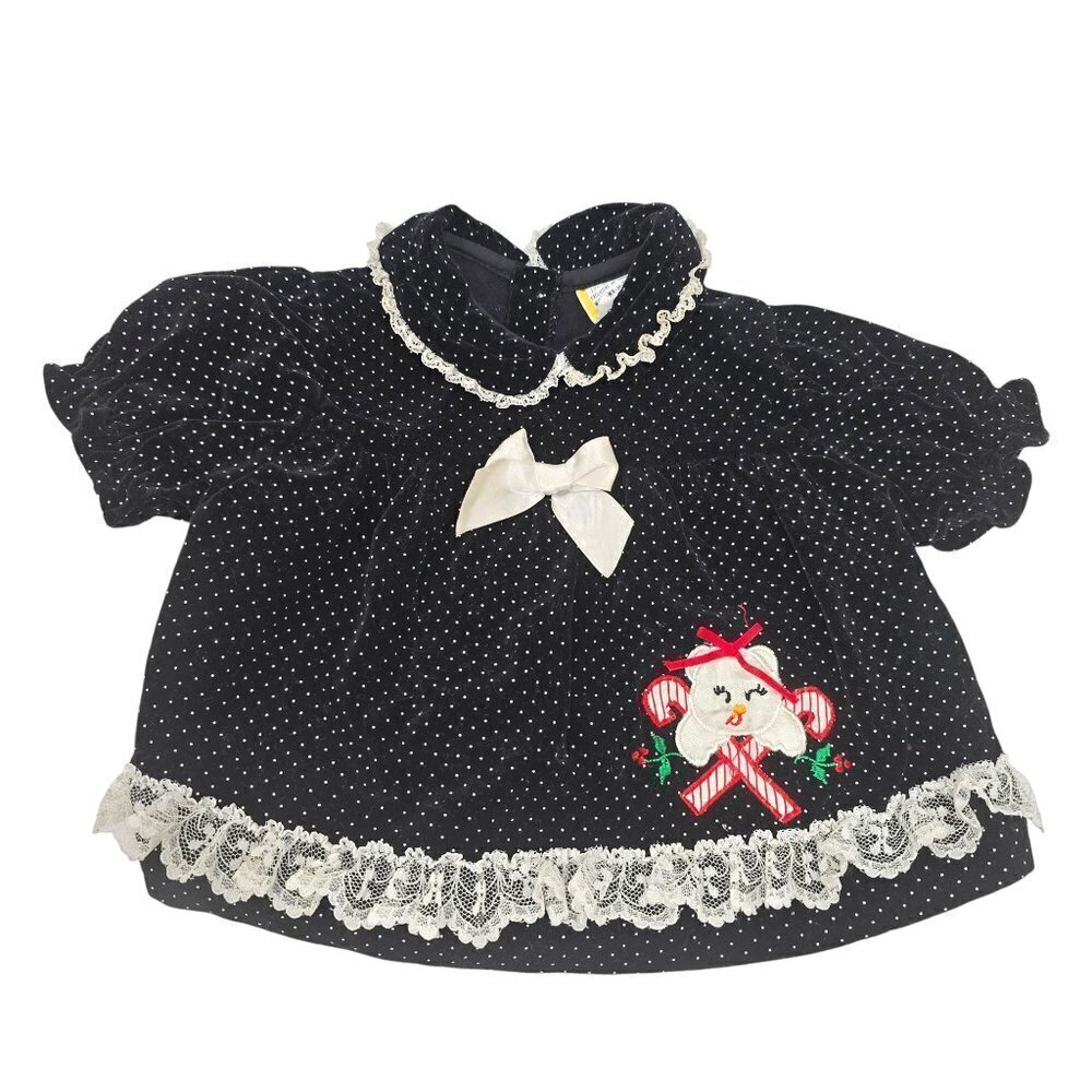 Vintage Black White Polkadot Lace Perter Pan Collar Ribbon Mini Baby Dress